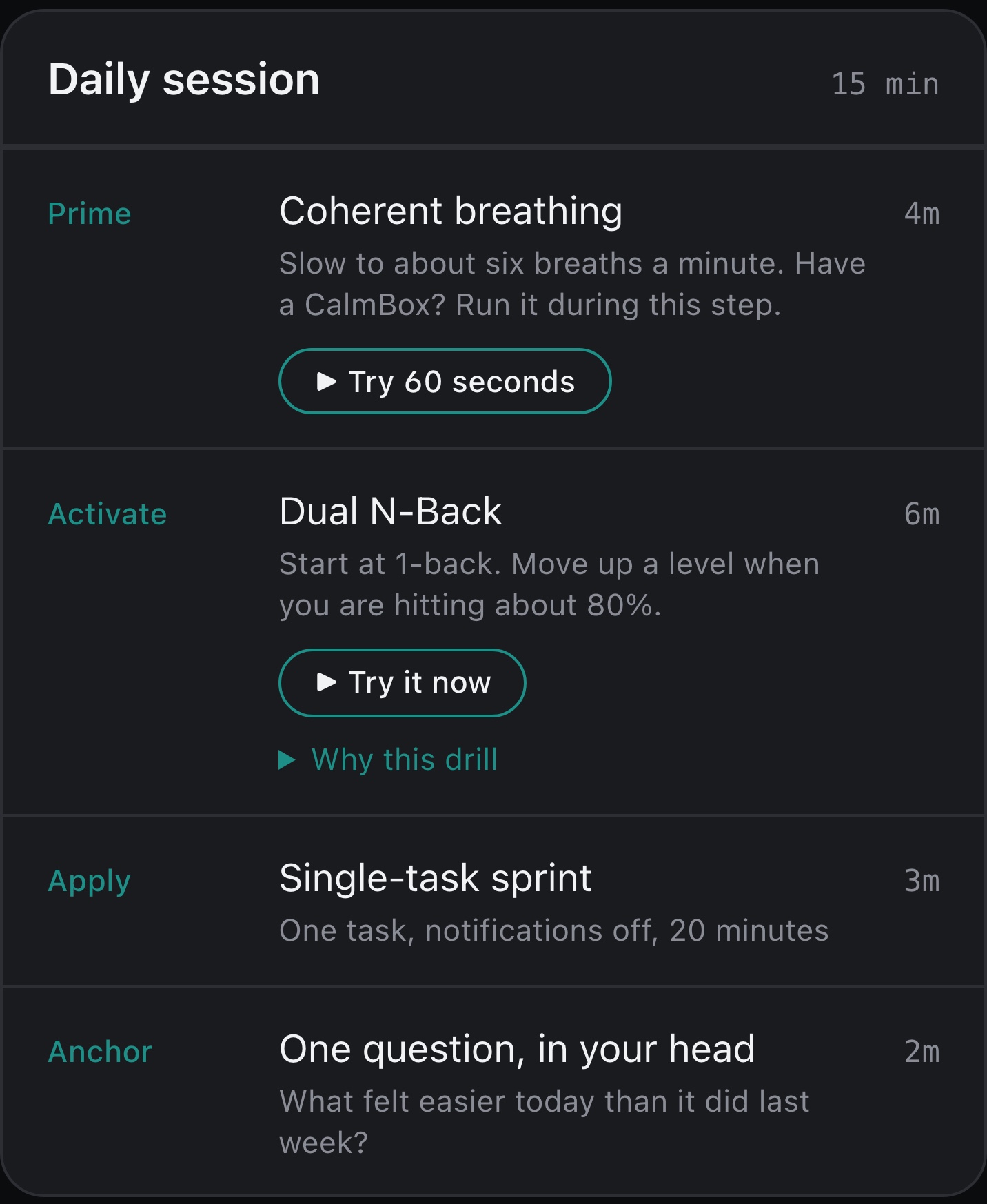 A 15-minute daily session: coherent breathing, a Dual N-Back drill, a single-task sprint and one closing question.